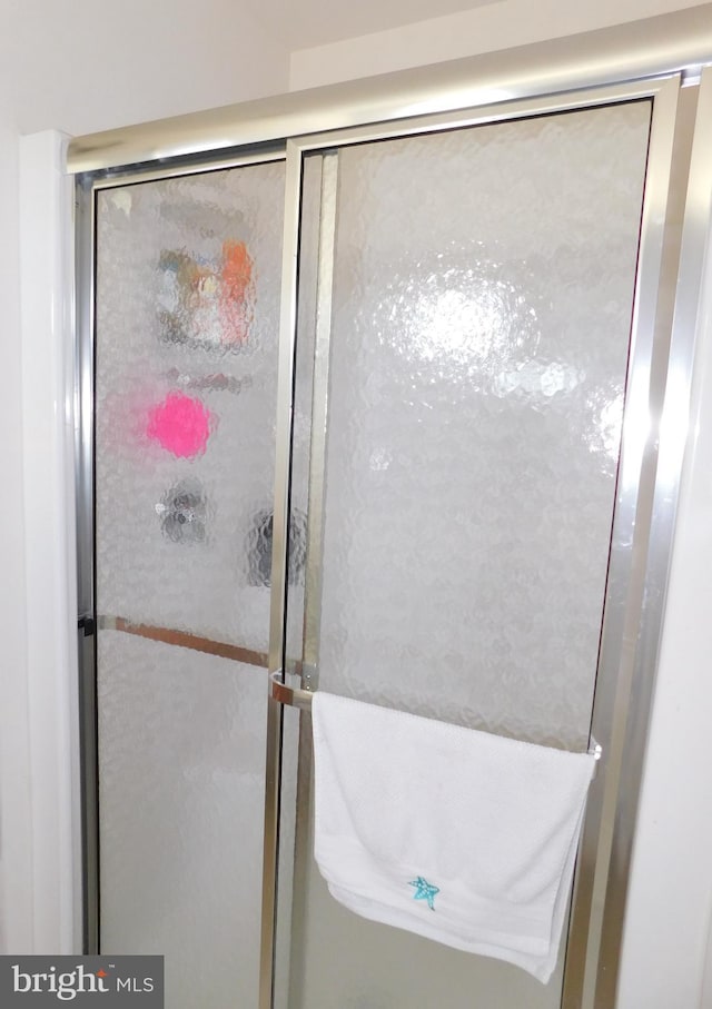 bathroom with a shower with door