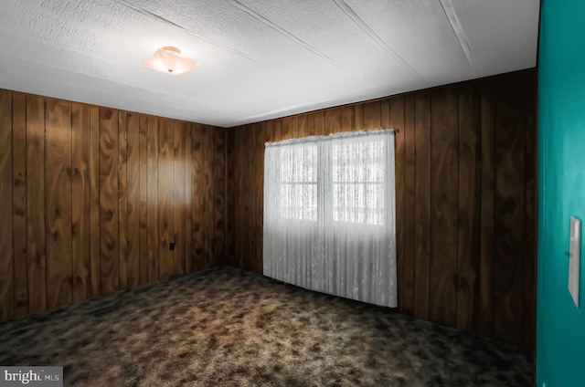 carpeted spare room with wooden walls