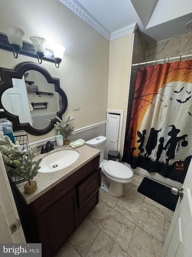 bathroom featuring curtained shower, vanity, and toilet