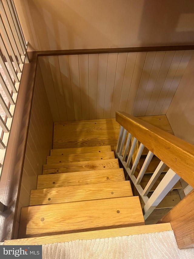 stairs featuring wooden walls and wood-type flooring