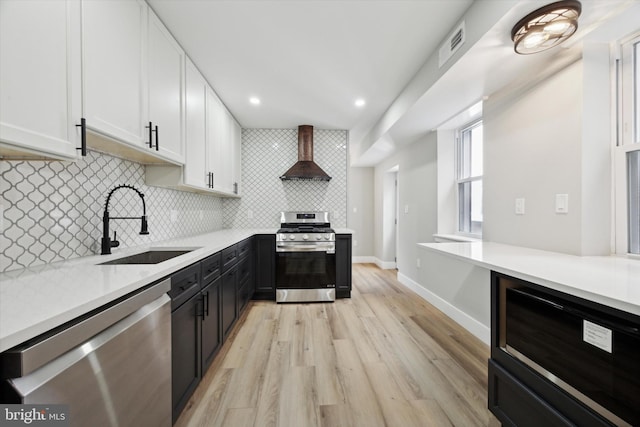 kitchen featuring stainless steel appliances, sink, wall chimney range hood, white cabinetry, and light hardwood / wood-style flooring