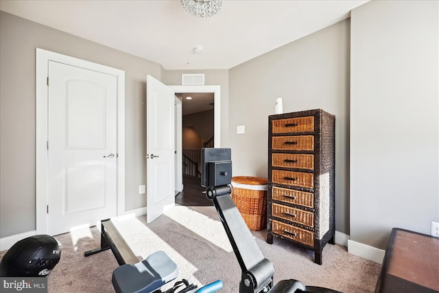 exercise room featuring carpet flooring