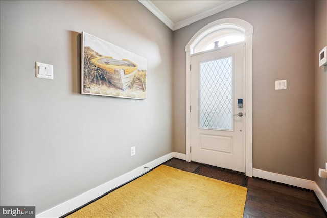 entryway featuring crown molding and dark wood-type flooring