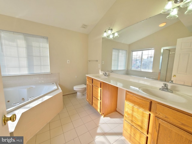 full bathroom featuring tile patterned flooring, vanity, lofted ceiling, toilet, and separate shower and tub