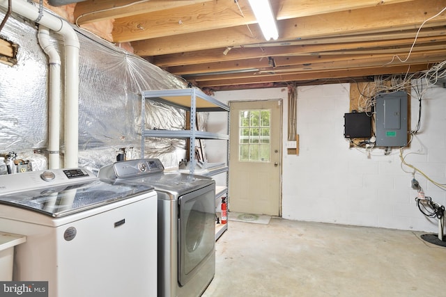 laundry room featuring electric panel and washing machine and clothes dryer