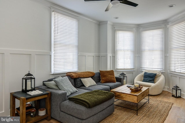 living room featuring light hardwood / wood-style floors, ceiling fan, and ornamental molding