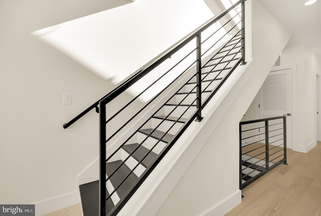 staircase with hardwood / wood-style floors