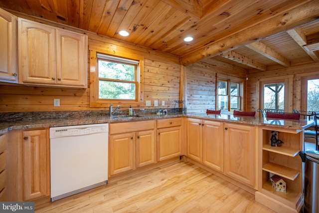 kitchen featuring white dishwasher, wooden walls, kitchen peninsula, wooden ceiling, and light hardwood / wood-style flooring