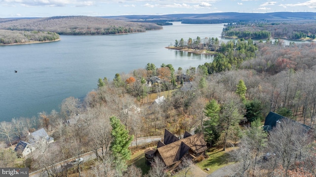 drone / aerial view featuring a water view