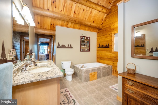 bathroom with toilet, wood ceiling, wood walls, lofted ceiling with beams, and a bath