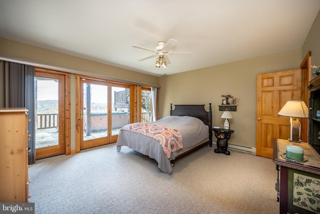 carpeted bedroom with ceiling fan, a baseboard radiator, and access to outside