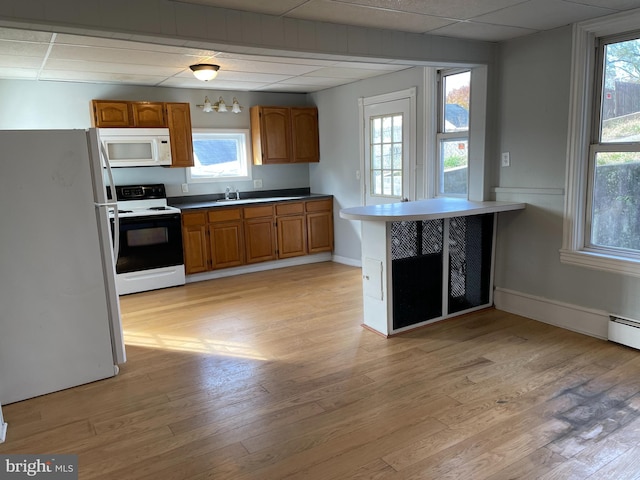 kitchen featuring light wood-type flooring, a wealth of natural light, sink, and white appliances