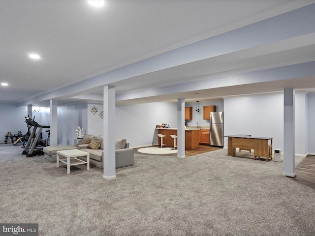 15 Laurel Hill Ct, Gettysburg, PA 17325 - finished below grade area with freestanding refrigerator, carpet floors, recessed lighting, and baseboards