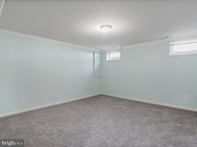 basement featuring carpet floors and crown molding