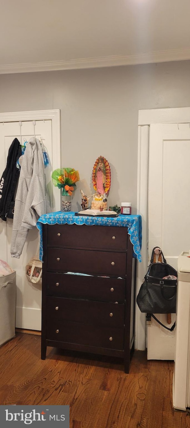 interior space featuring ornamental molding, dark wood-type flooring, and washer / clothes dryer