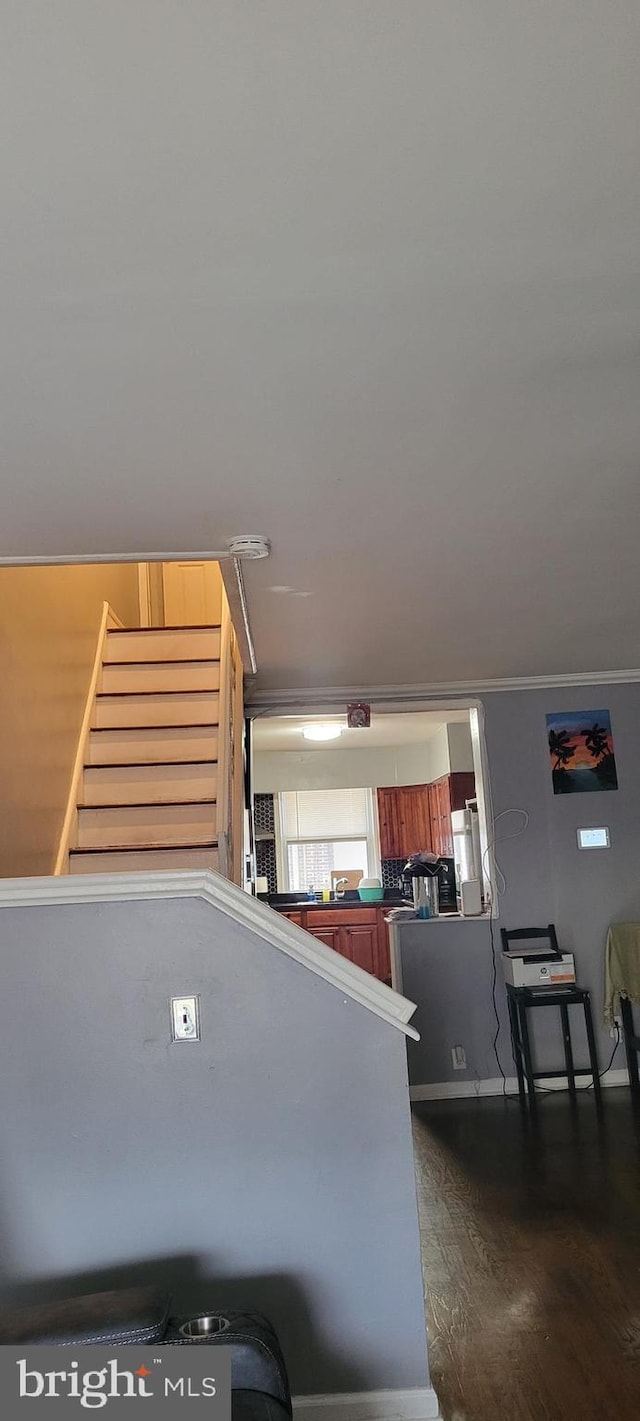 staircase with hardwood / wood-style flooring and ornamental molding