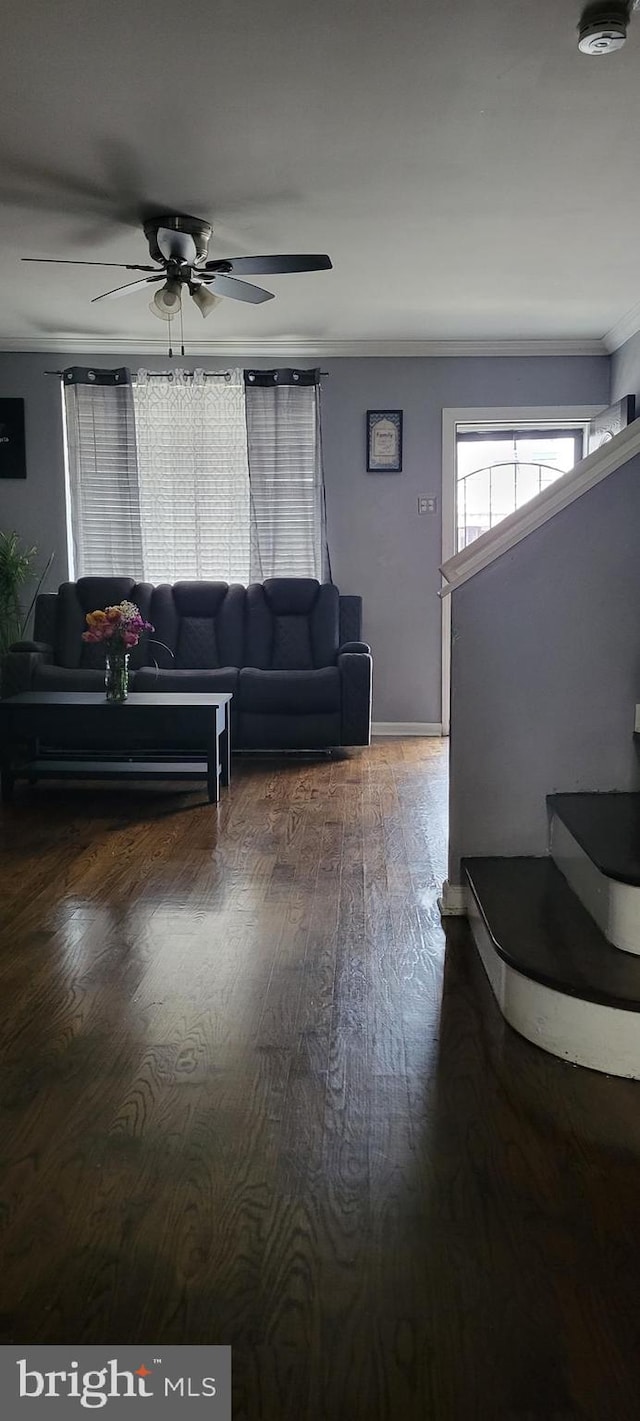 living room featuring dark wood-type flooring and ceiling fan