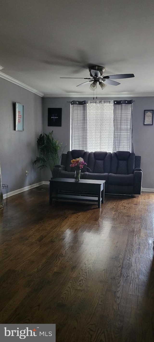 living room featuring ceiling fan, crown molding, and dark hardwood / wood-style flooring