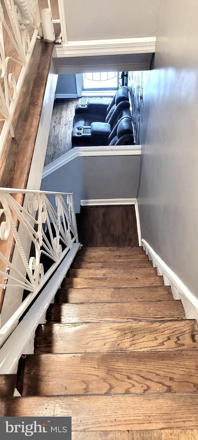 stairs with hardwood / wood-style flooring