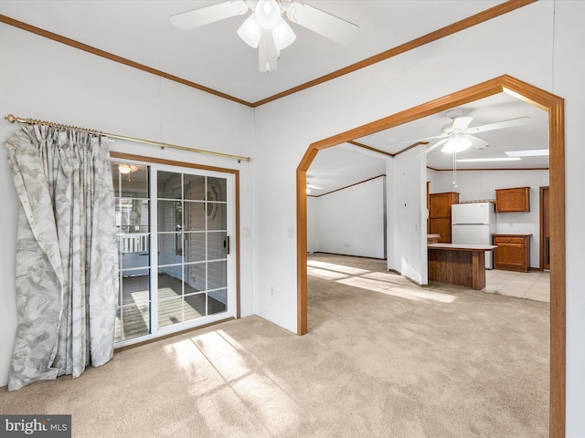 carpeted spare room featuring ceiling fan and crown molding