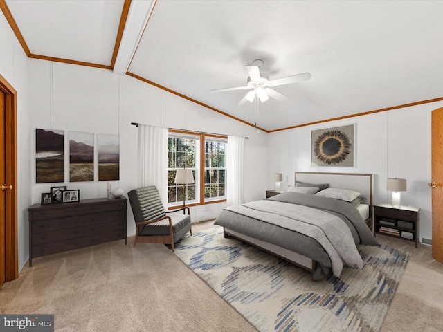 bedroom featuring lofted ceiling with beams, ceiling fan, crown molding, and carpet flooring