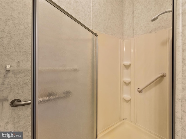 bathroom featuring a shower with shower door