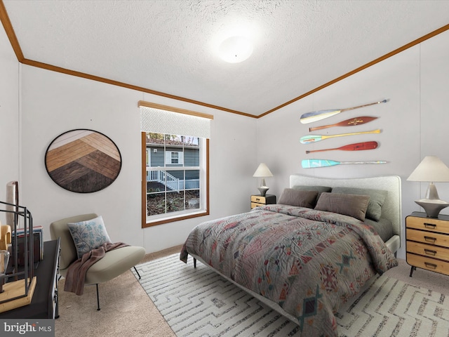 bedroom with crown molding, light carpet, and a textured ceiling