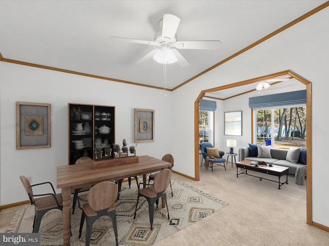 carpeted dining area featuring ornamental molding, ceiling fan, and lofted ceiling