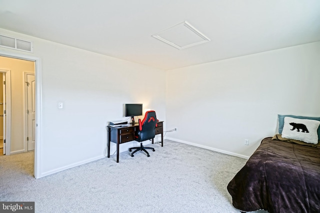 bedroom with light colored carpet