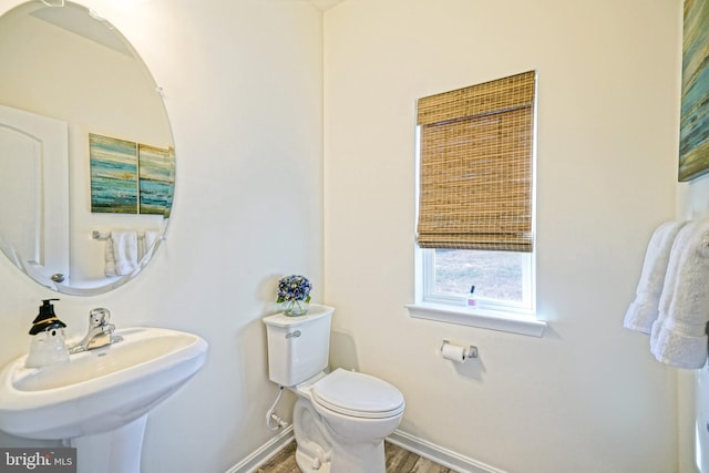 bathroom with toilet, sink, and hardwood / wood-style floors