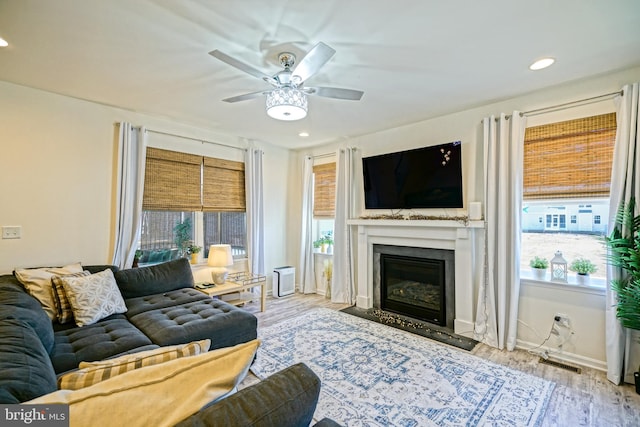 living room featuring a wealth of natural light, ceiling fan, and light hardwood / wood-style floors