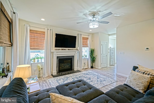 living room with ceiling fan, a healthy amount of sunlight, and light hardwood / wood-style flooring