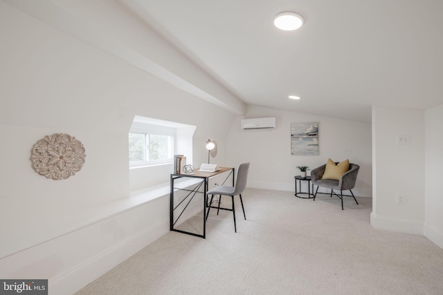 carpeted home office featuring vaulted ceiling and a wall mounted air conditioner