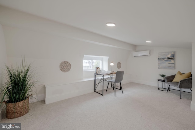 office area featuring a wall mounted air conditioner, light colored carpet, and lofted ceiling