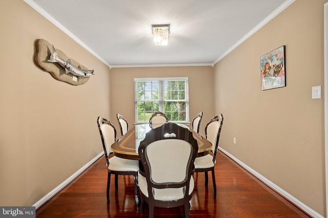 dining room with ornamental molding and dark wood-type flooring