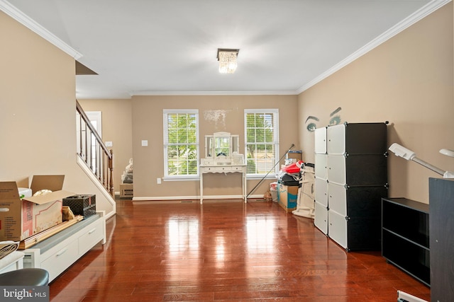 interior space with dark hardwood / wood-style floors and crown molding