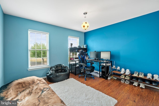 home office with hardwood / wood-style floors