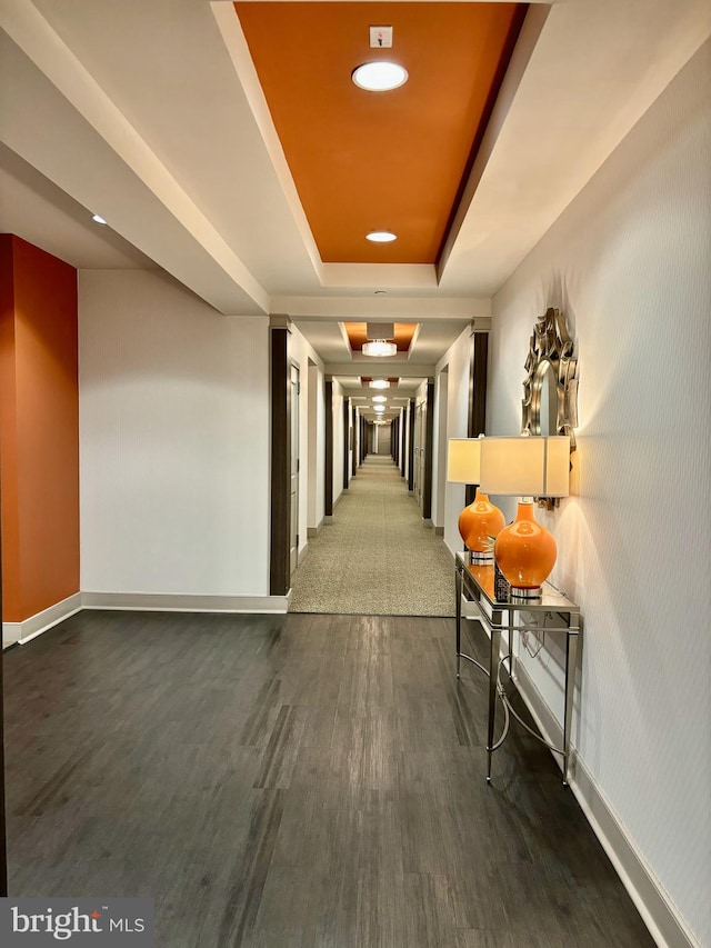 hallway featuring dark hardwood / wood-style flooring and a raised ceiling