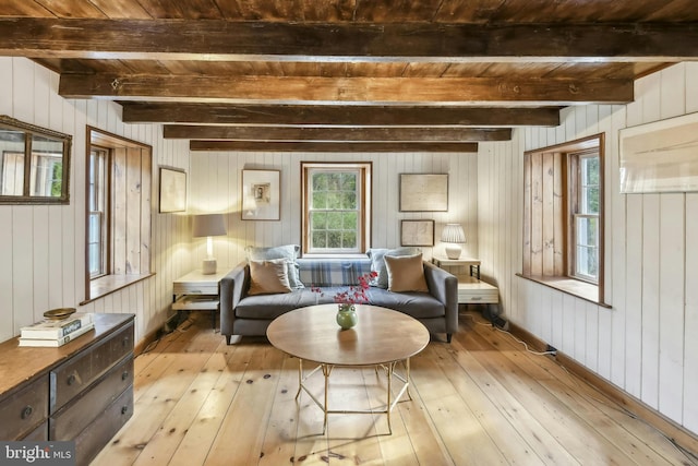 living area featuring light hardwood / wood-style flooring, beam ceiling, wooden walls, and wood ceiling