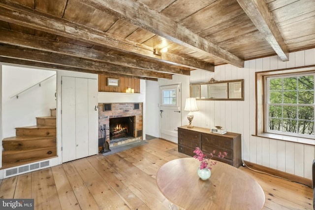 interior space with light hardwood / wood-style flooring, wood ceiling, and plenty of natural light