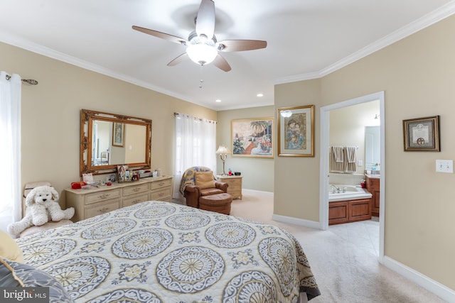 carpeted bedroom with crown molding, ceiling fan, and ensuite bath