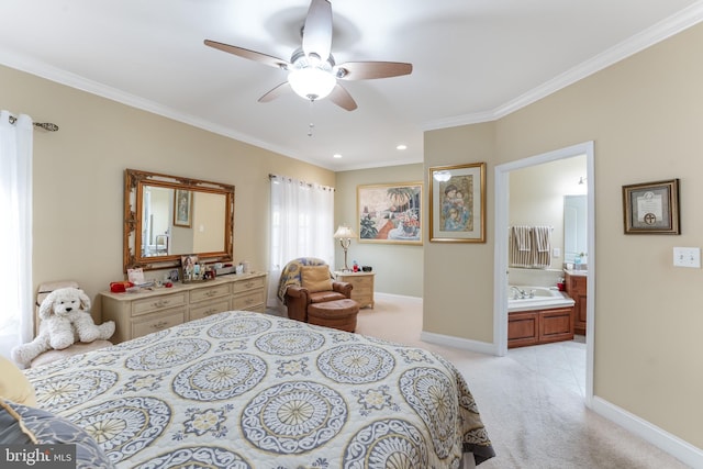 1420 N Red Maple Way, Downingtown, PA 19335 - bedroom featuring light carpet, crown molding, baseboards, ensuite bath, and recessed lighting