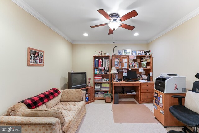1420 N Red Maple Way, Downingtown, PA 19335 - home office with a ceiling fan, crown molding, recessed lighting, and light carpet