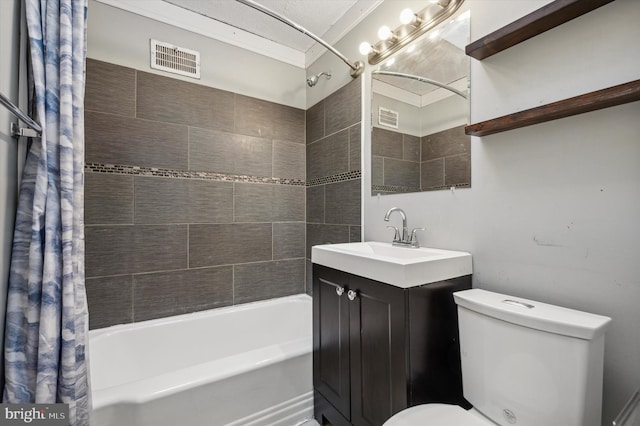 full bathroom with toilet, shower / bath combo, vanity, and ornamental molding