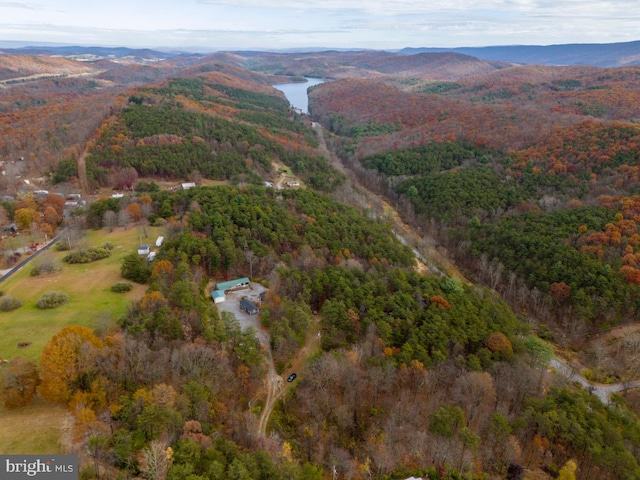 drone / aerial view with a water and mountain view