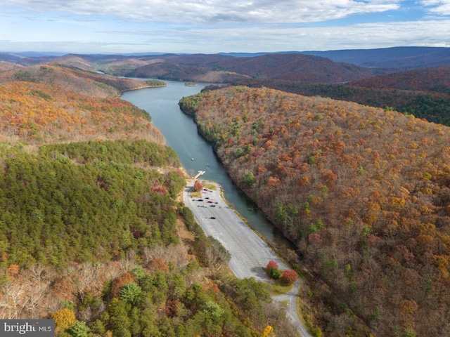 bird's eye view featuring a water and mountain view