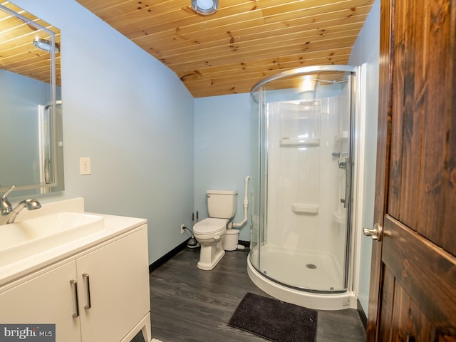 bathroom featuring walk in shower, hardwood / wood-style flooring, vanity, wood ceiling, and toilet