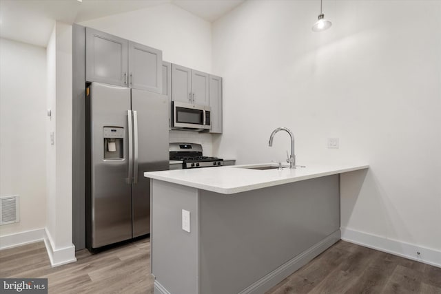 kitchen featuring sink, kitchen peninsula, appliances with stainless steel finishes, light hardwood / wood-style flooring, and gray cabinets