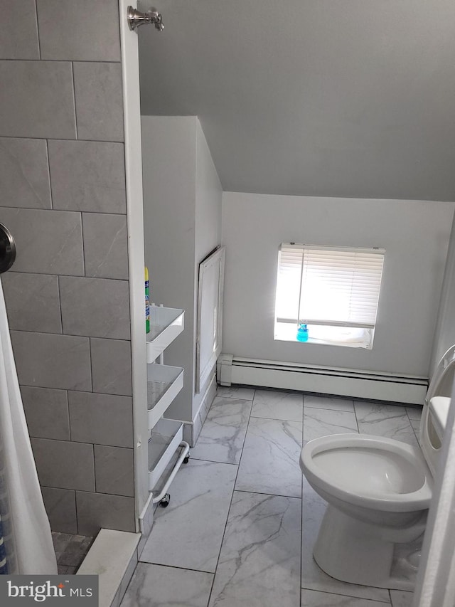 bathroom with toilet, a shower with shower curtain, and a baseboard radiator