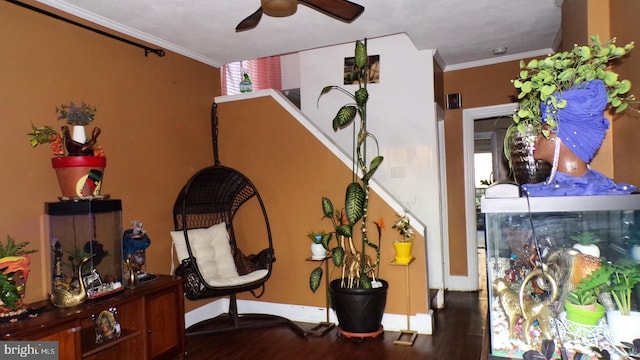 interior details with ornamental molding, wood-type flooring, and ceiling fan